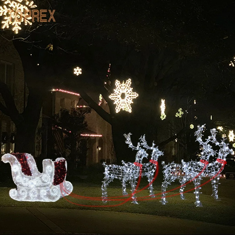 Christmas Outdoor Decorative LED 3D Motif Lights PVC Reindeer Sleigh Holiday Lighting White & Red Emittance IP65 Rated