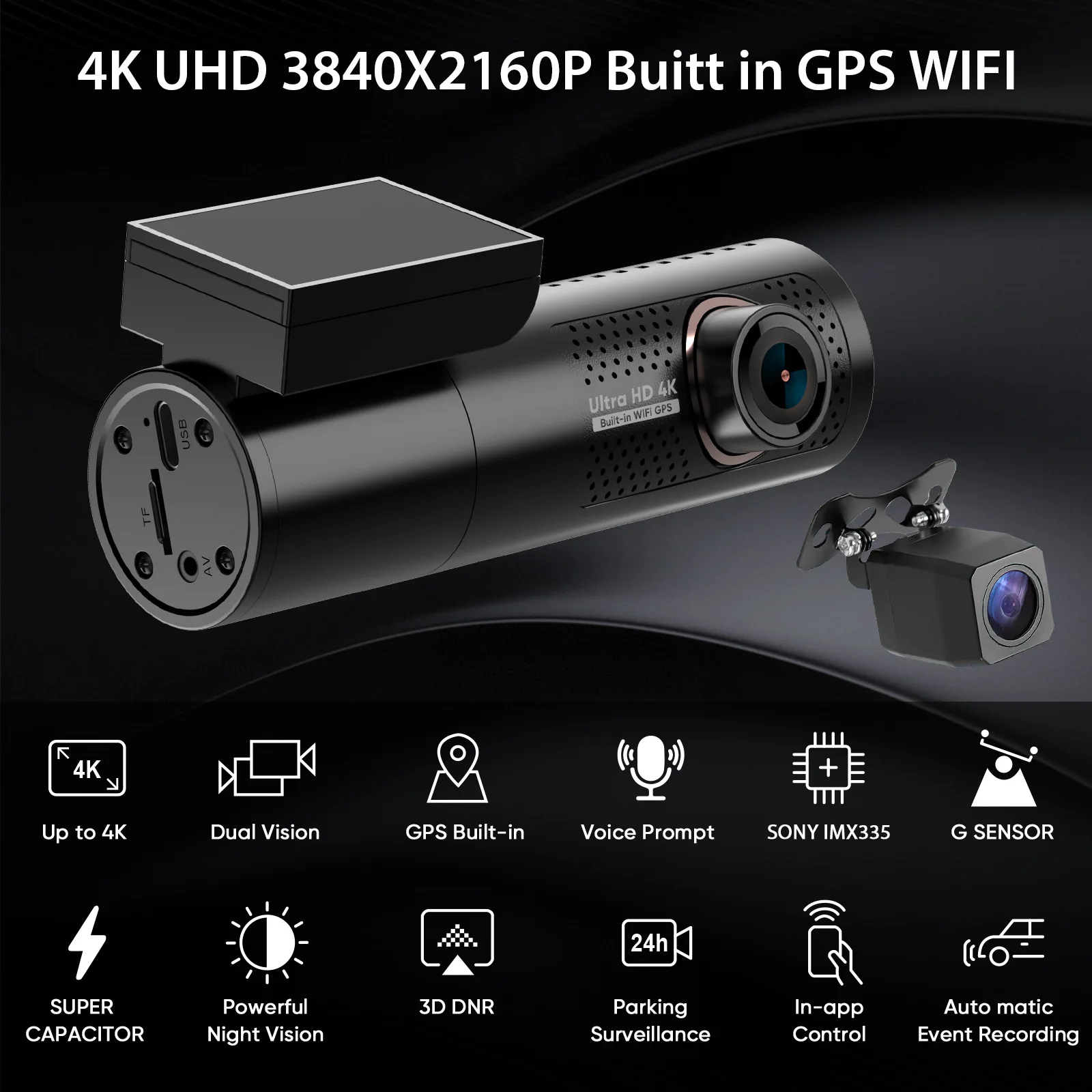 4K Wifi car Camcorder Mini Dashboard Car Black Box Mobile Control Vehicle Dash Cam 4K Front 1080p Reverse 24 Hours Parking Guard