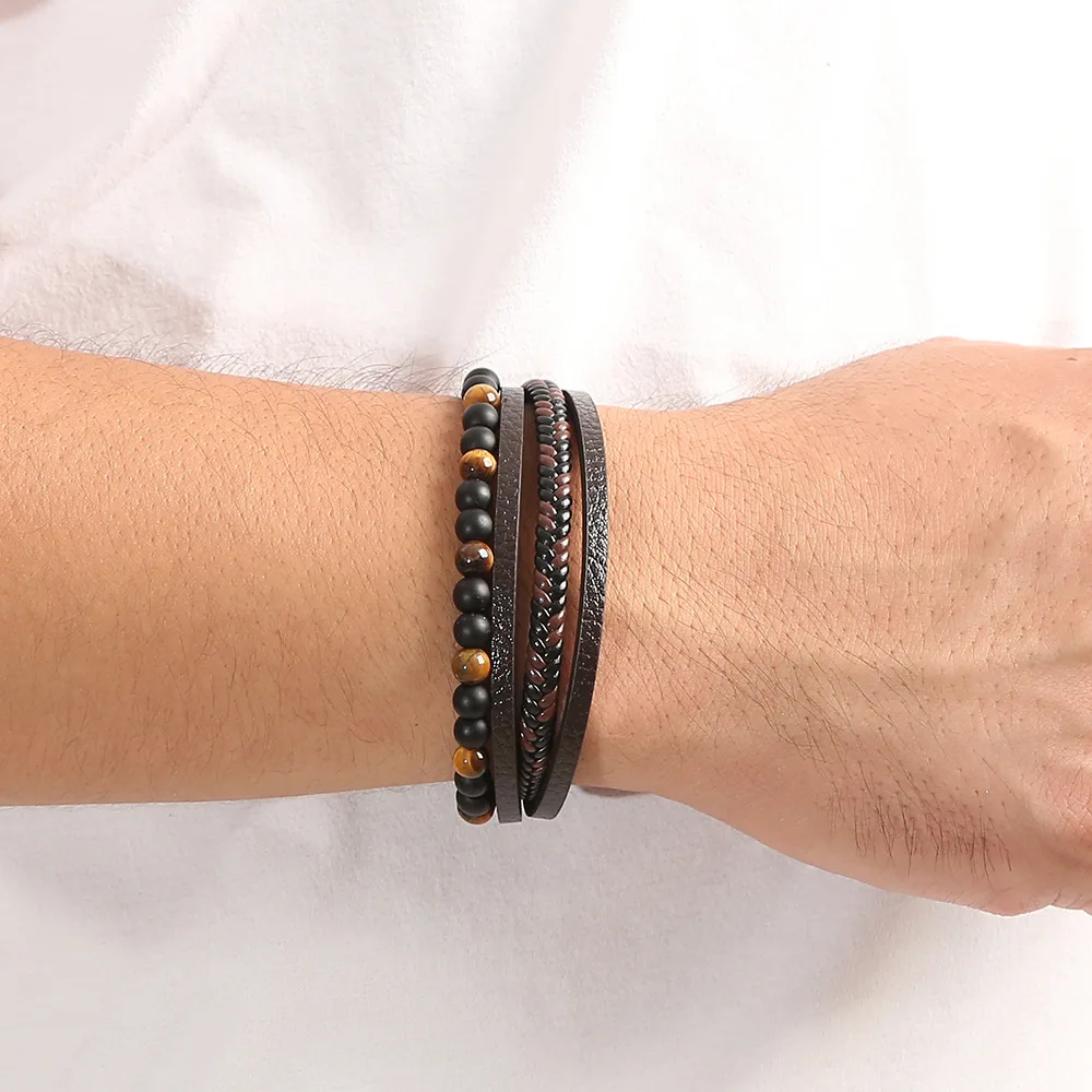 Best Selling Hand Woven Magnet Buckle Beaded Multilayer Leather Bracelet For Family Gifts