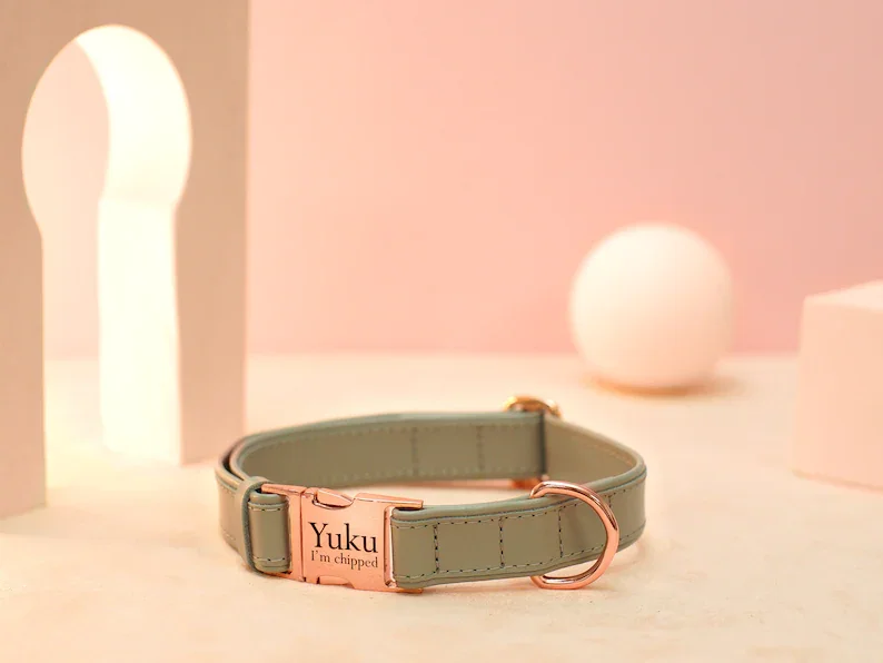 Custom colors personalized leather dog collar vegan luxury dog collar and leash set small large dog pet collars & leashes