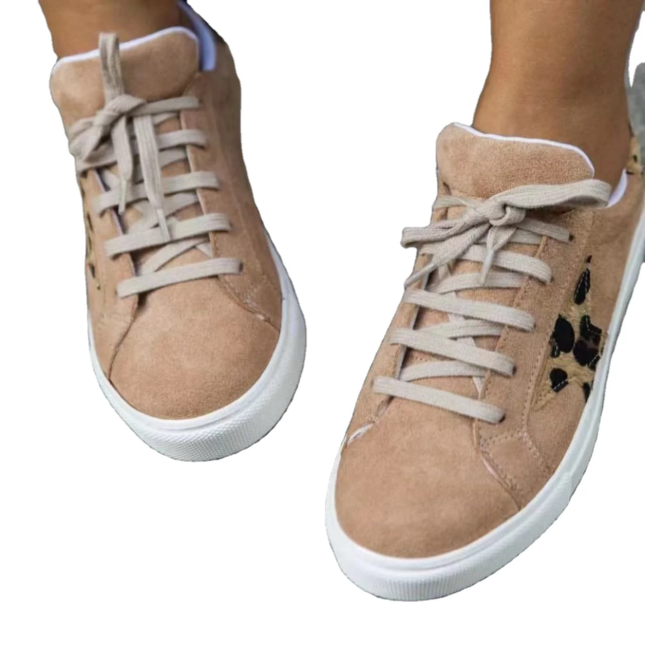 Women Leopard Print Star Round Toe Laminated Star Glitter Casual Lace Up Sneakers