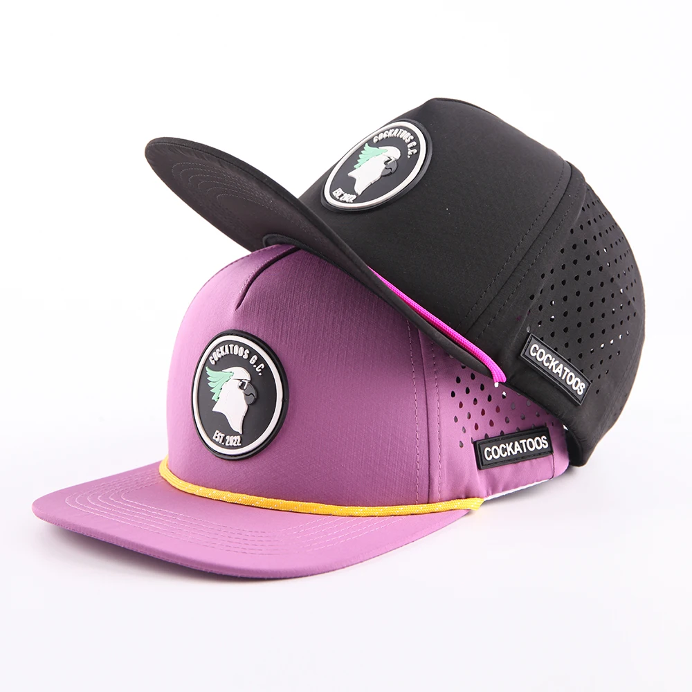 Custom 5 Panel Rubber Patch label Flat Bill Hip Hop Snapback Caps,Waterproof Laser Cut Hole Perforated Hat