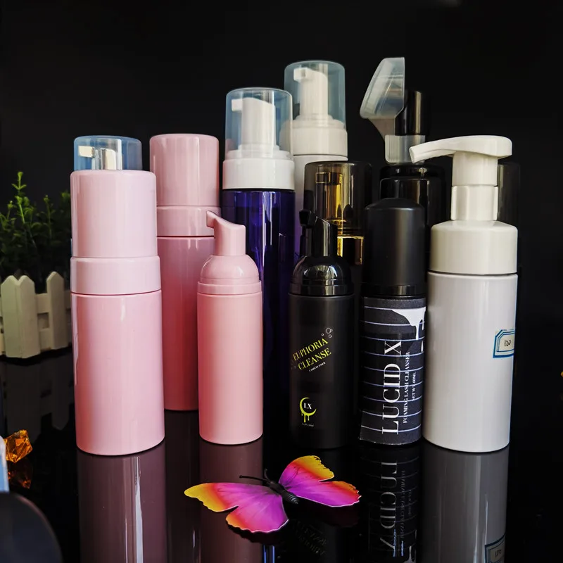 Cosmetic facial cleanser 100ml 150ml 200ml pink pet airless foam pump bottle with eva silicone brush emulsion foam mousse bottle