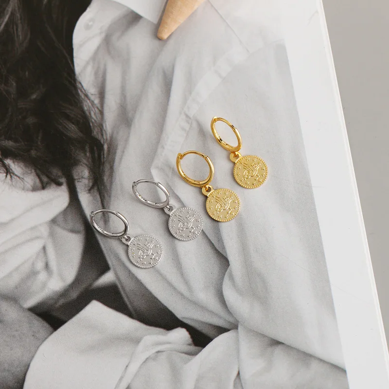 Fashion Korean Earrings Women 925 Sterling Silver Coin Shape Flower Star Hoop Earrings 18K Gold Plated Drop Earrings