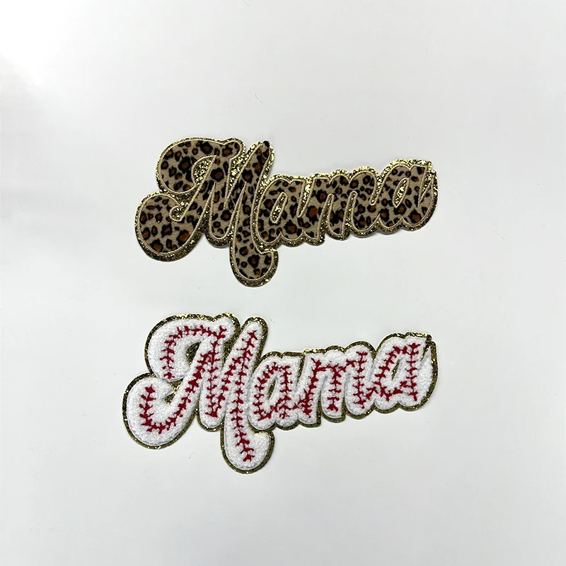wholesale custom logo high quality pink large chenille embroidered sport mama blue heat leopard pattern Mama chenille patches