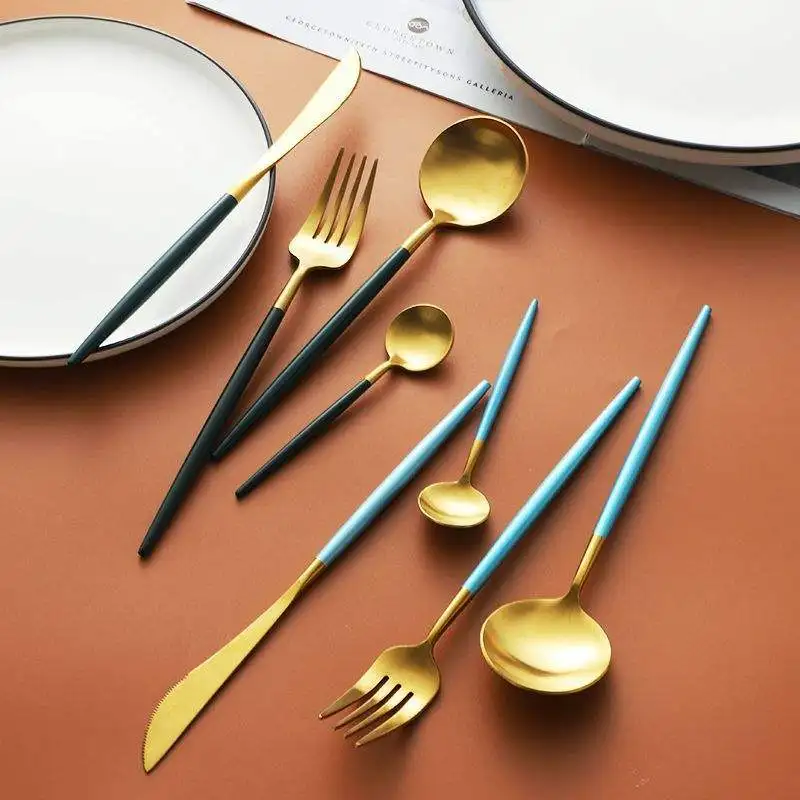 Jieyang Inox Matte Colorful Stainless Steel Metal Cutlery Set Outdoor Travel Knife Fork And Spoon Silverware For Party Hotel