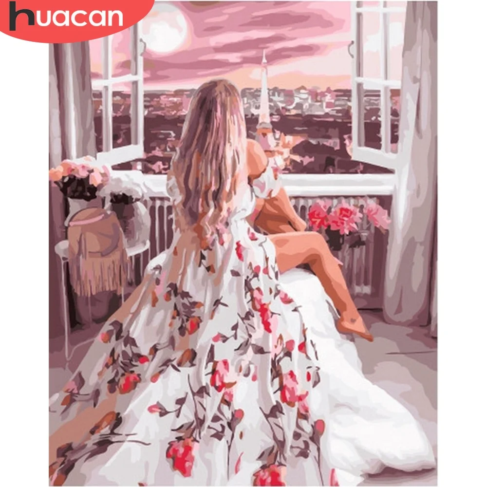 HUACAN Oil Painting DIY Paint by Number Flower Ready Frame Window Drawing on Canvas One Piece Digital Printing Square 24 Colors