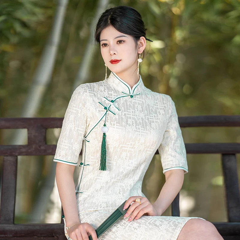 Modailan New arrivals light green elegant slim dresses long style Cheongsam Women Chinese Qipao Dress