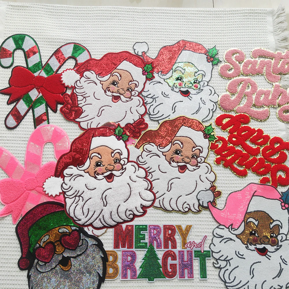 Holiday patch custom Wholesale christmas santa baby Large chenille sequin Embroidery Iron On Patches for Clothing Clothes
