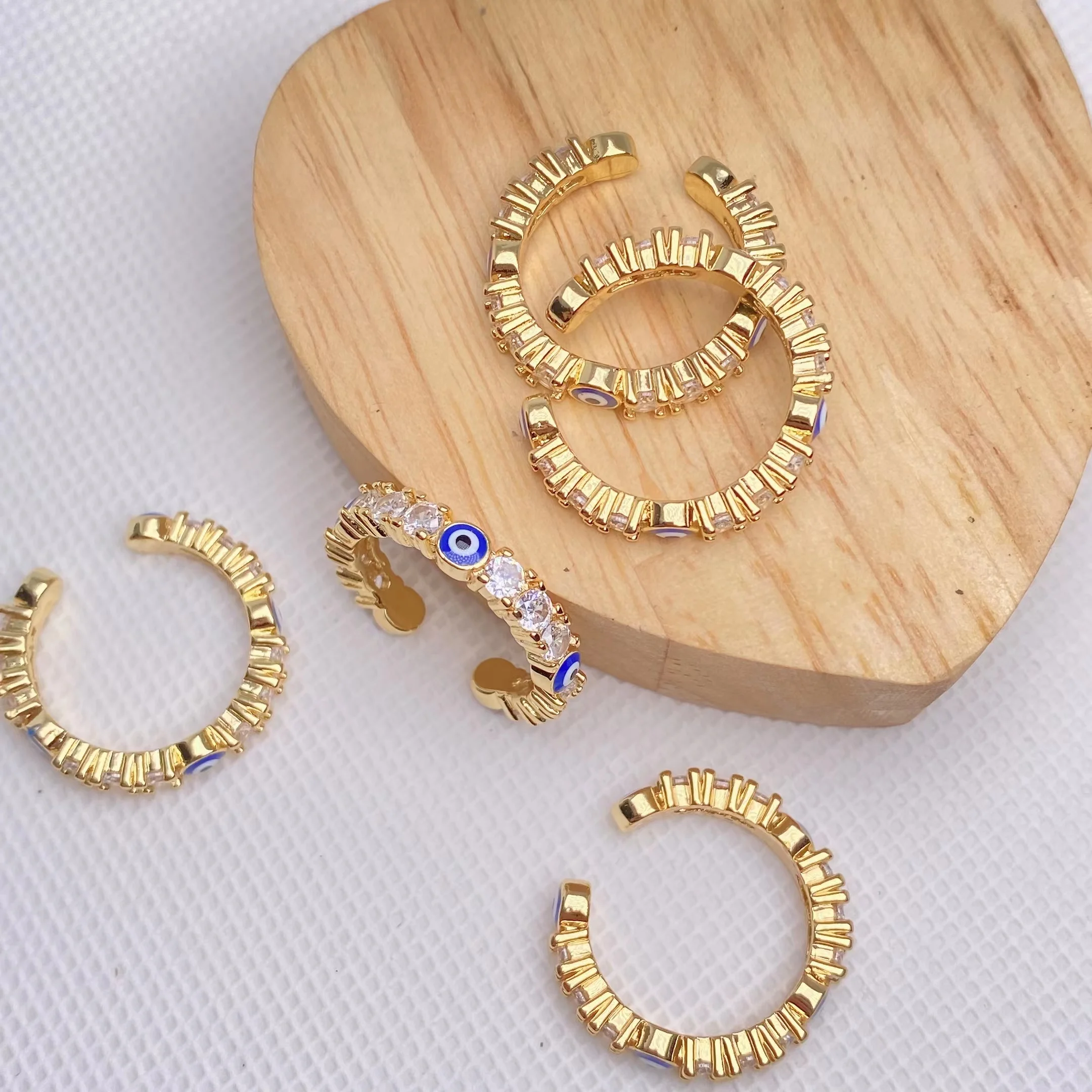 2022 Fashion Gold Plated CZ Paved Good Luck Enamel Light Blue Cubic Zirconia Evil Eyes Adjustable Ring