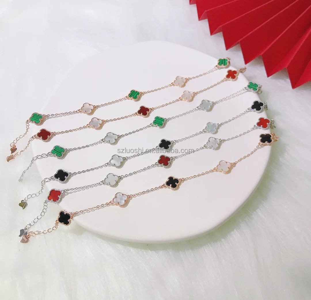 High Quality Luxury Designer Brand Jewelry Women Flower Bangle 18k Gold Plated Lucky Four Leaf Clover Excellent Agate Bracelet