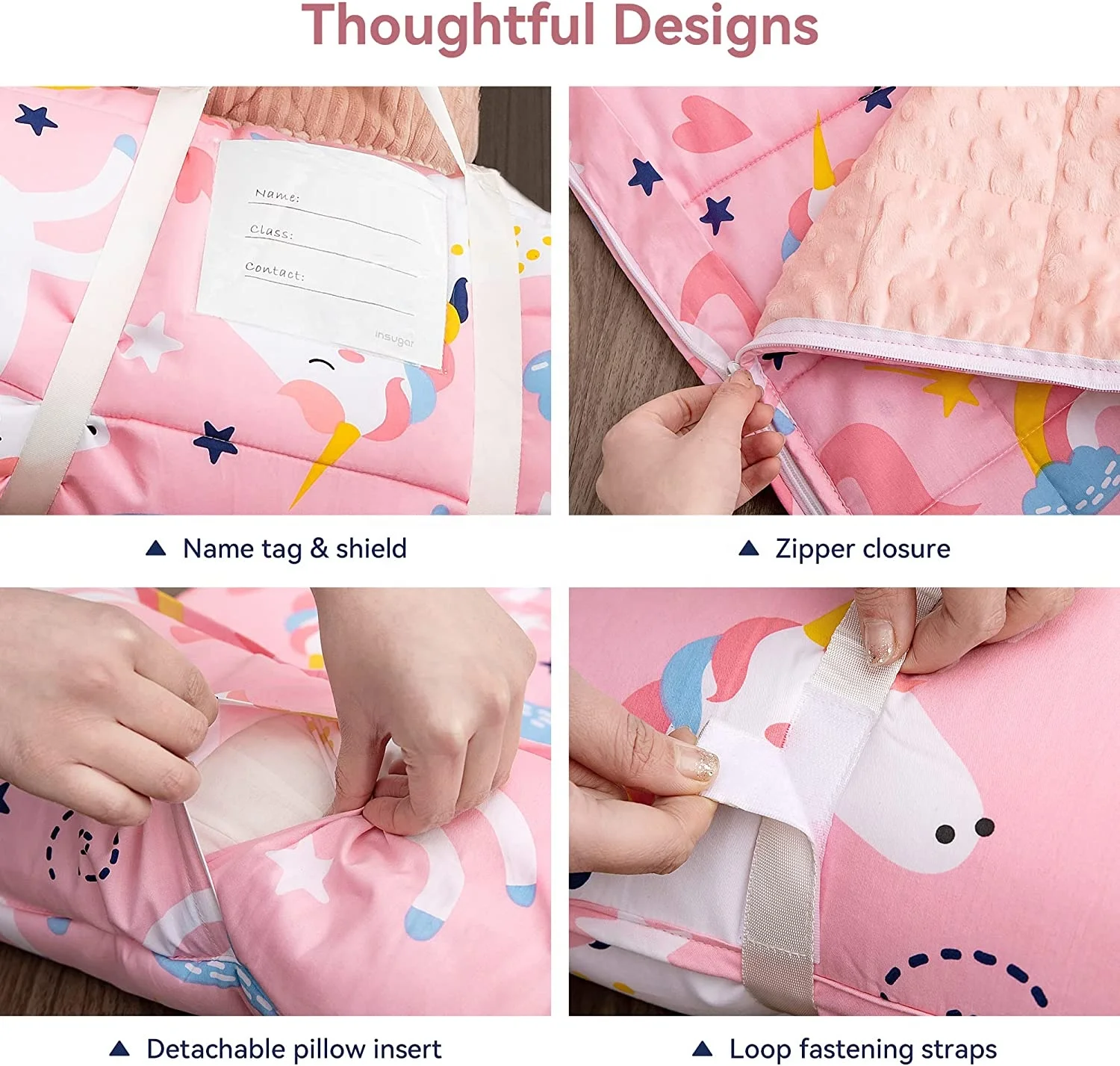 New Fashion 2 in1 Weighted Blanket Nap Mat with Carry Bag for Preschool Support Custom Name Sleeping Bag with Removable Pillow