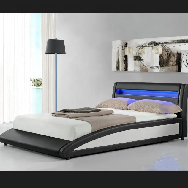 Willsoon Panel and Plywood Style Bedroom Furniture Curve Design LED Double Size Bed with PU Soft Leather Upholstery
