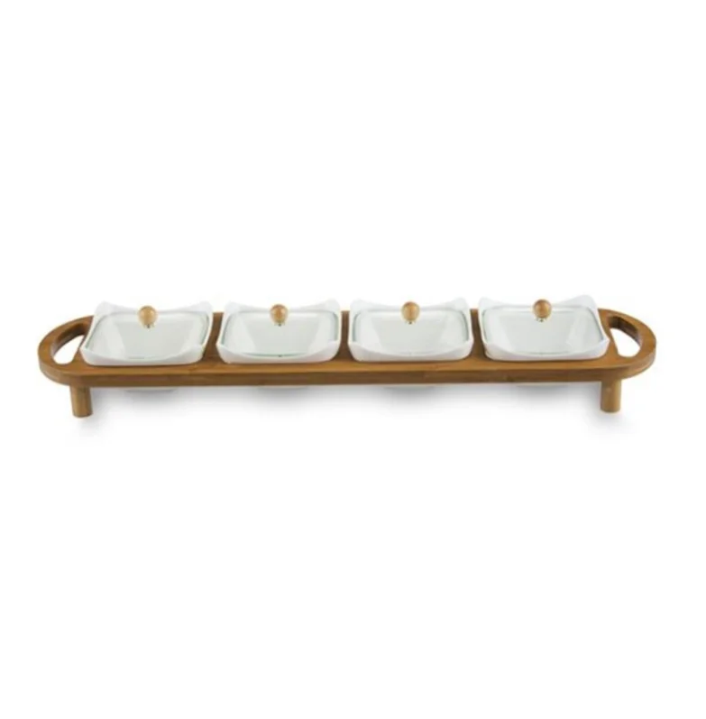 Cake Boat Plate Ceramic Snack Serving Trays Platters with Bamboo stand Sugar Bowl and Cover 2023 new arrivals home
