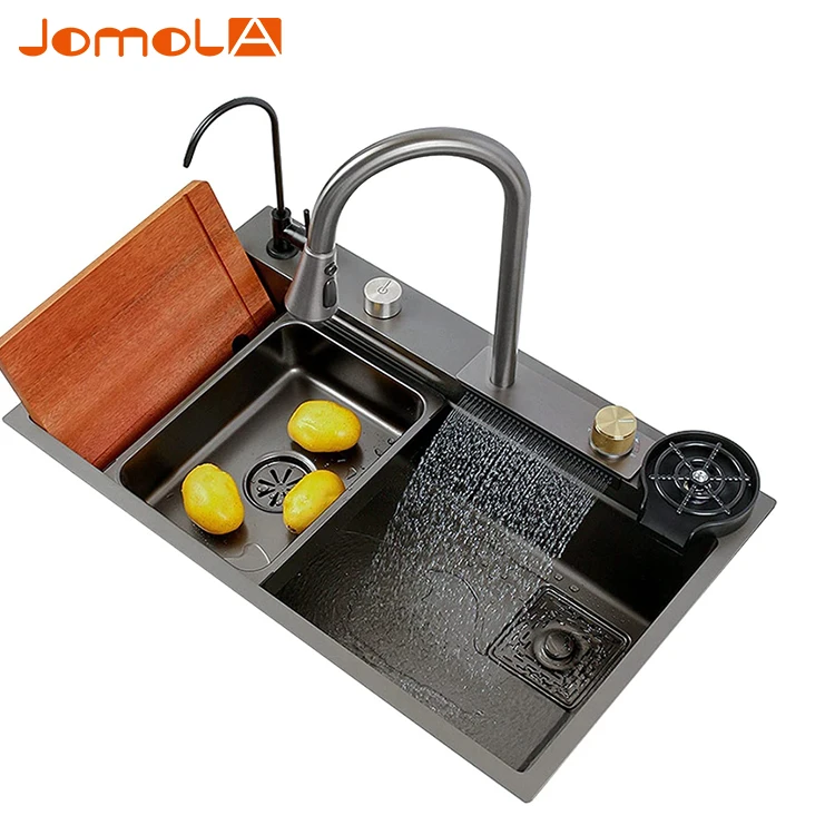 PVD nano Black Waterfall rainfall Kitchen workstation Sink 18 Gauge Stainless Steel 304  Drop in Sink with Faucet ,glass rinser