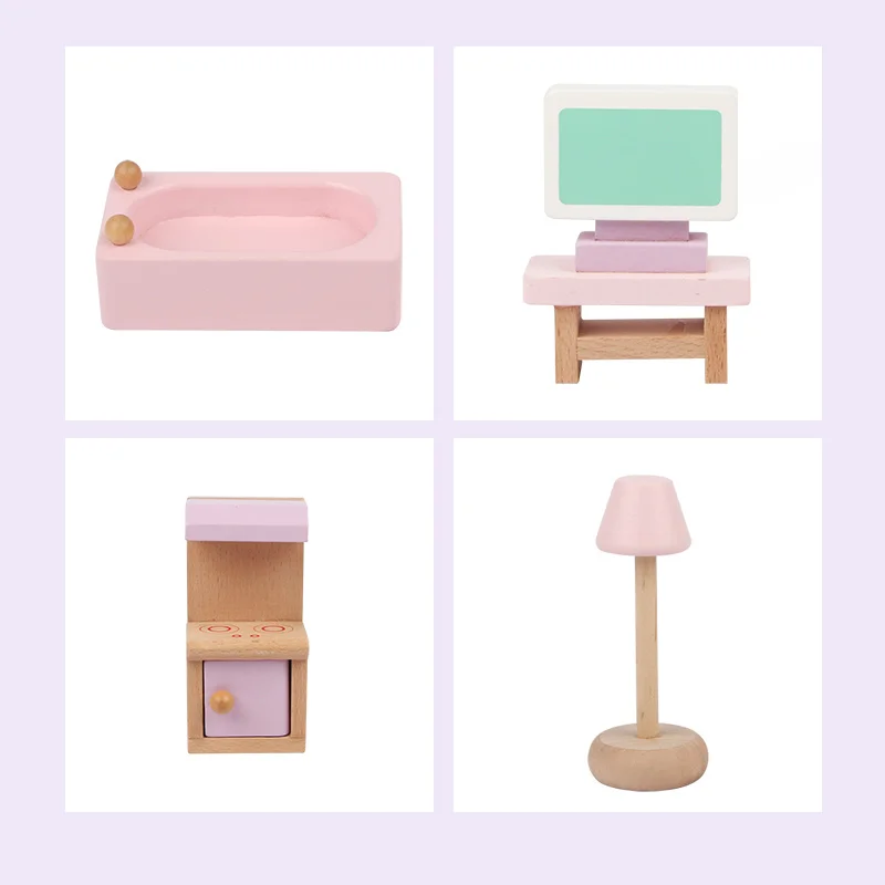 Wood Doll House Furniture Small Toys 22 Pcs Wooden Miniature Furniture for kids