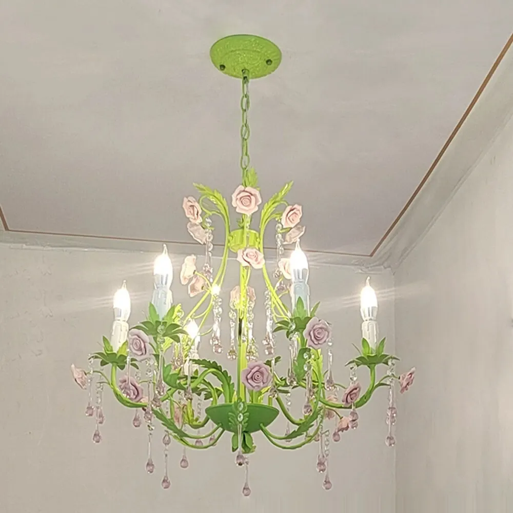Custom Decorative Luxury Ceramic Rose Flowers Chandelier LED Pendant Light Indoor Hotel Modern Crystal Chandelier