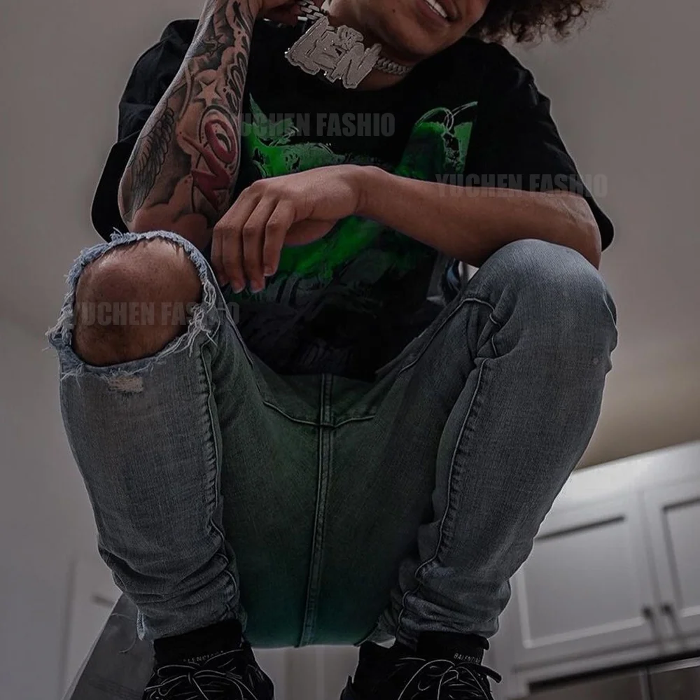 Streetwear Custom 280g Boxy Fit 100% Cotton Raw Hem T-Shirt Screen Print Cut N Sew Graphic Tshirts For Men