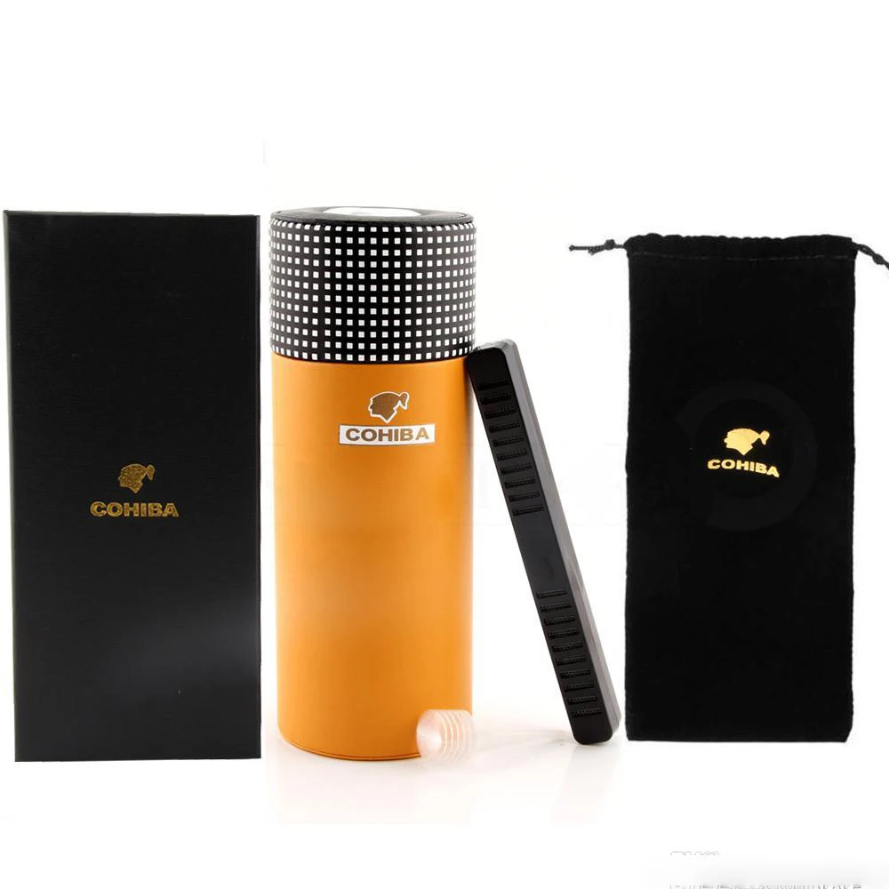 Cylinder Leather Travel Humidor Cigar Box Cedar Wood Portable Cigar Case Jar