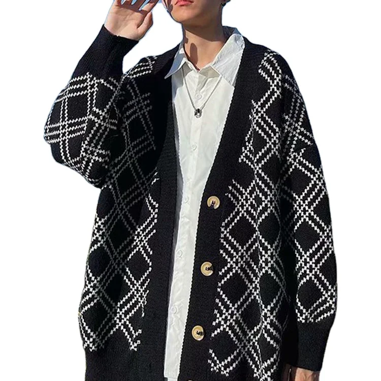 Fall loose v neck plaid black long sleeve single breasted knitwear wholesale mens sweater cardigans