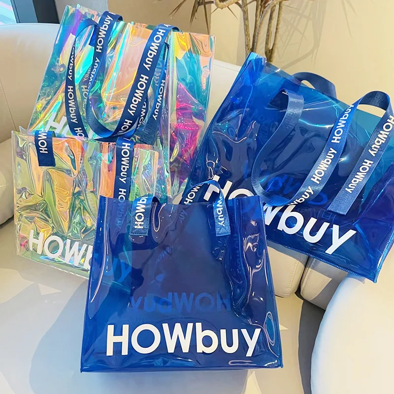 Custom Logo Reusable Waterproof PVC Jelly Hologram Clear Beach Radium handbag Shopping Tote Bag