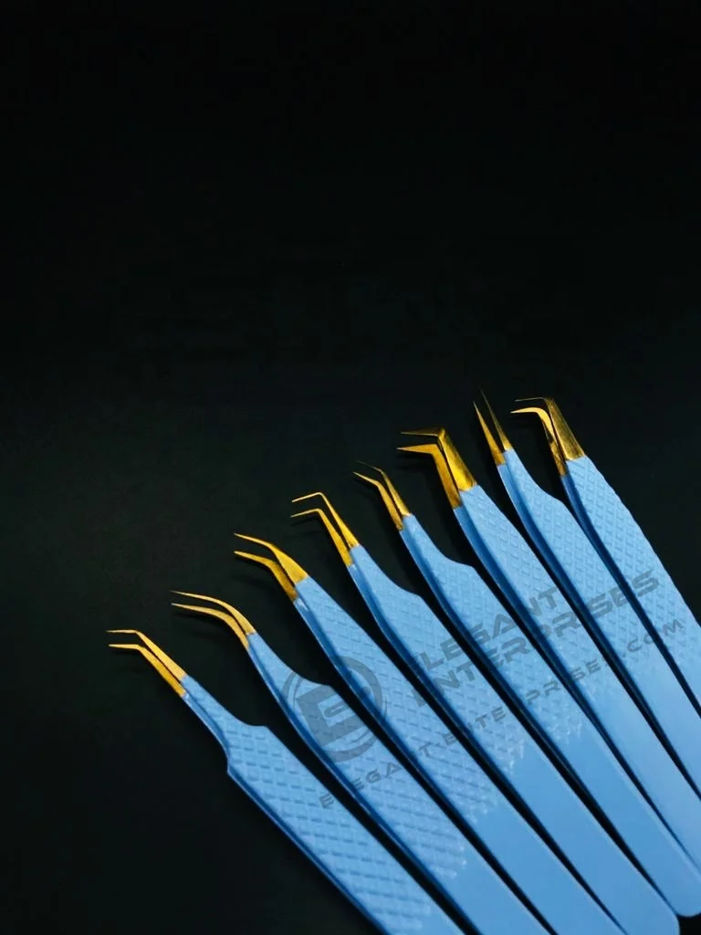 Wholesale Light Blue with Golden Tips Diamond Grip Sustainable Eyelash Extension Tweezers Japanese Stainless Steel Custom Logo