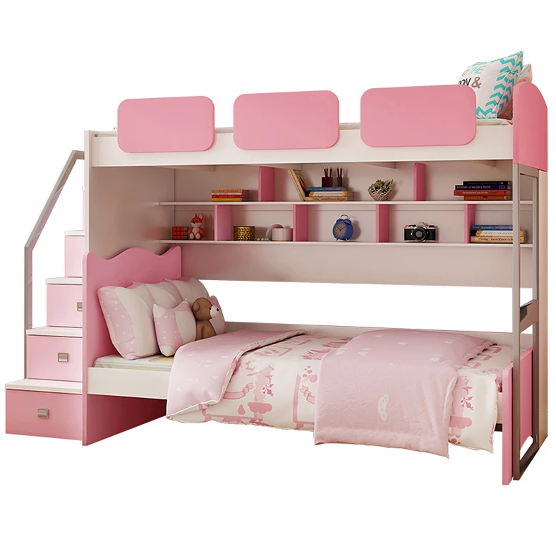 pink double multi-functional wood children bunk beds With Storage Drawers and table barbie