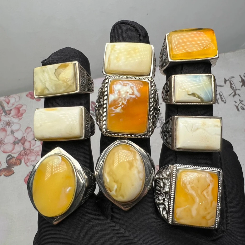 Amber jewelry Natural Baltic Russian amber stone polishing ring  inlay Golden white amber