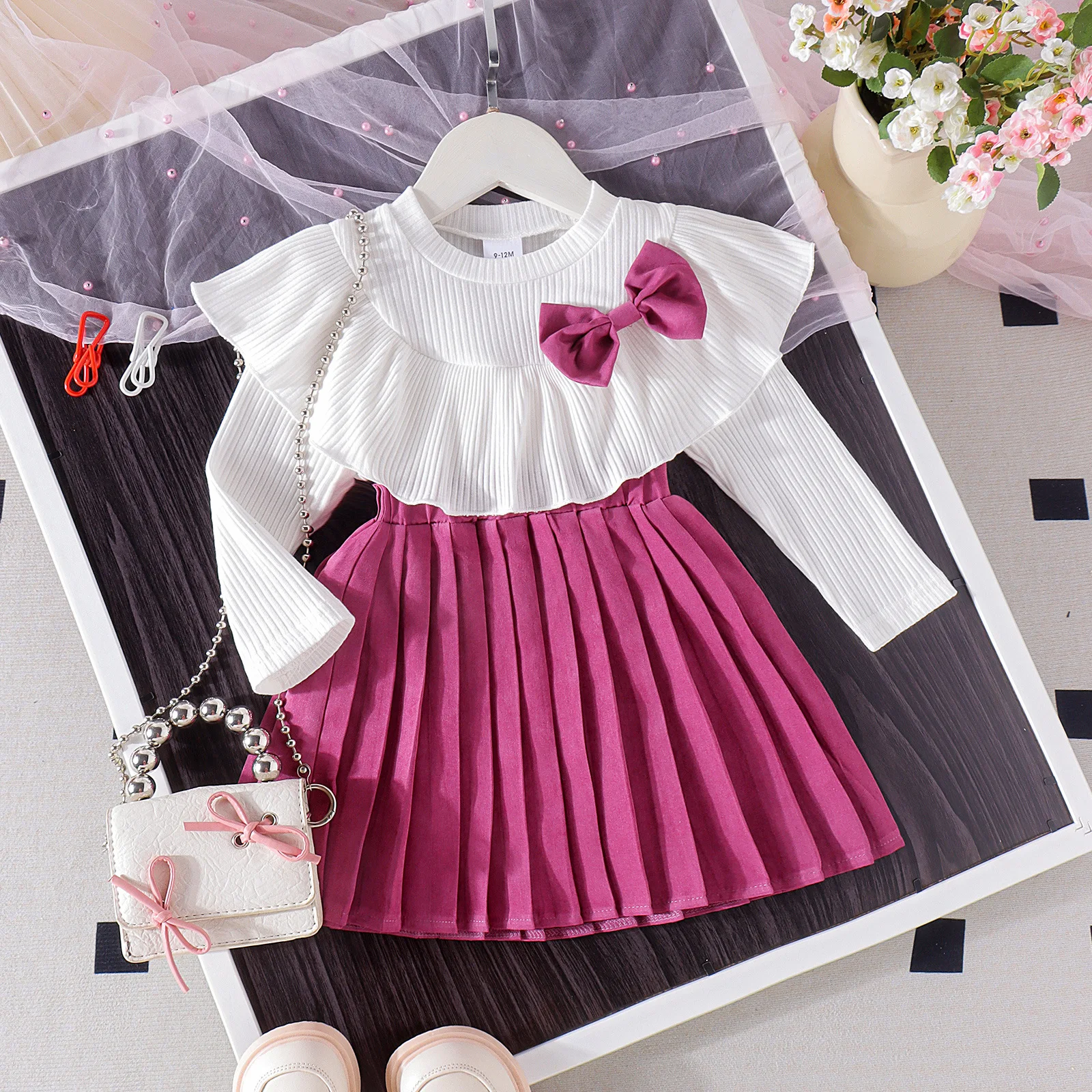 Europe and the United States Girls Dress Autumn and Winter Long Sleeve Pleated Dress with Doll Collar and Bow New Use Clothes