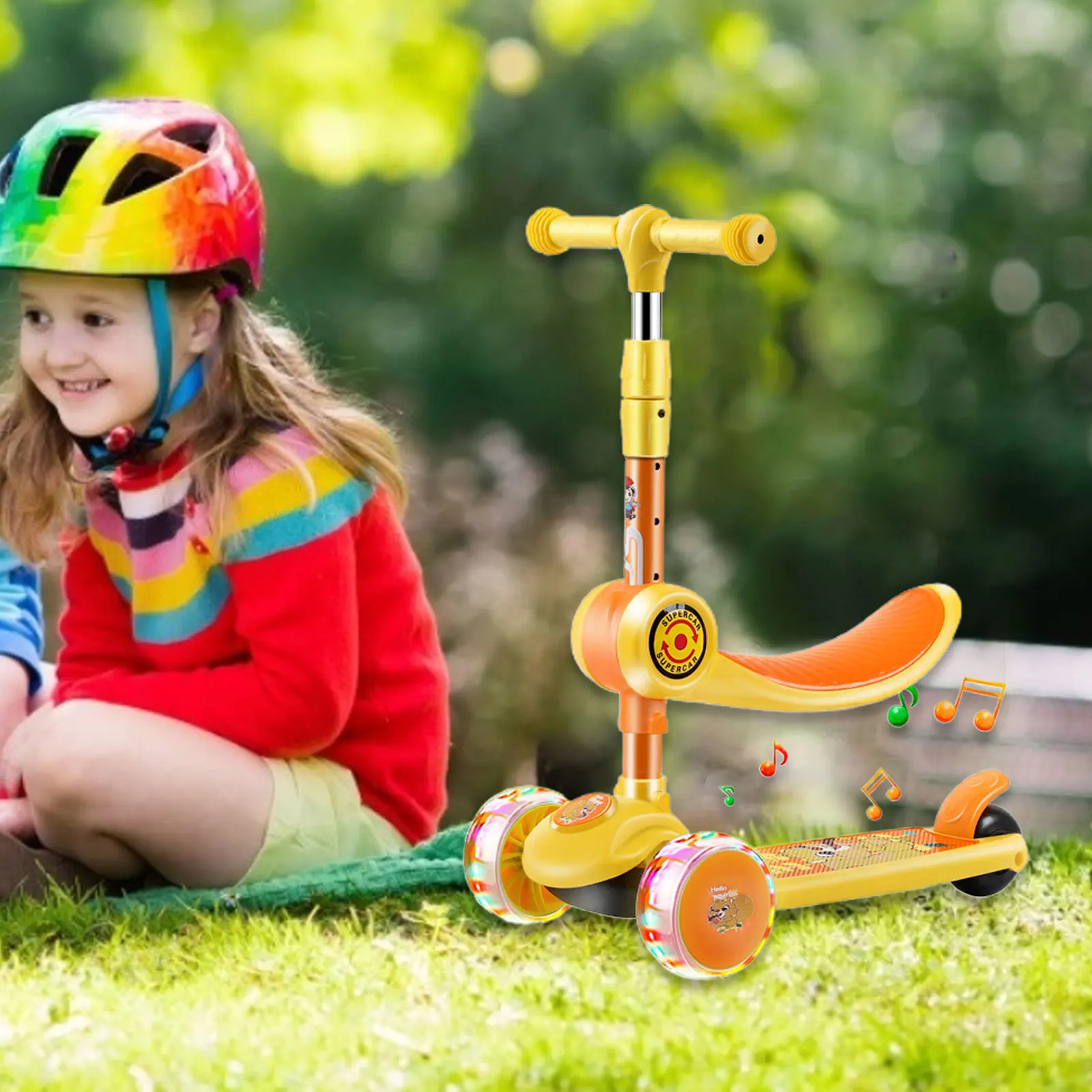 
Kids 3 Wheel Kick Scooter with Foldable Seat and Light Up Wheels 