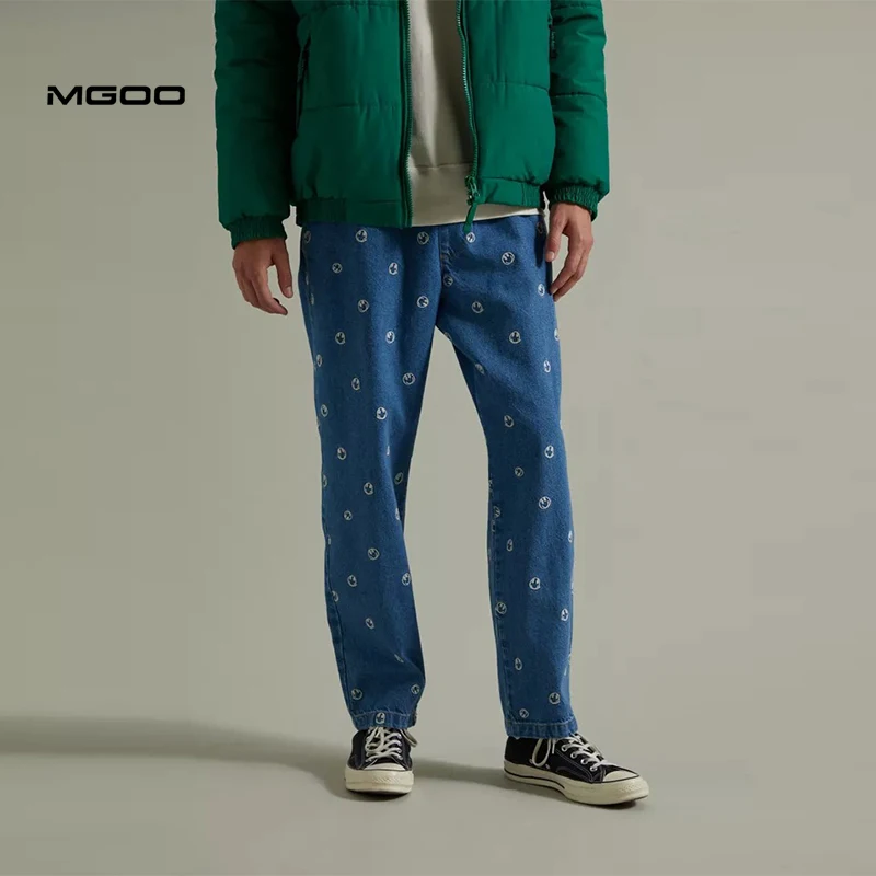 MGOO Custom embroidery men jeans Middle waist straight denim pants