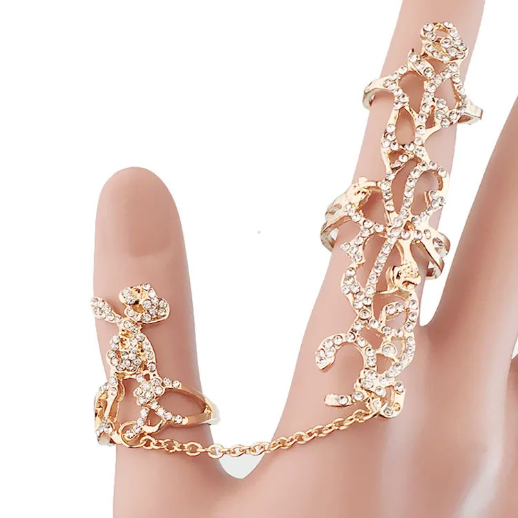 Fashion Punk Rock Gothic Gold Silver Hollow Carved Flowers Crystal Double Full Finger Knuckle Armor Ring