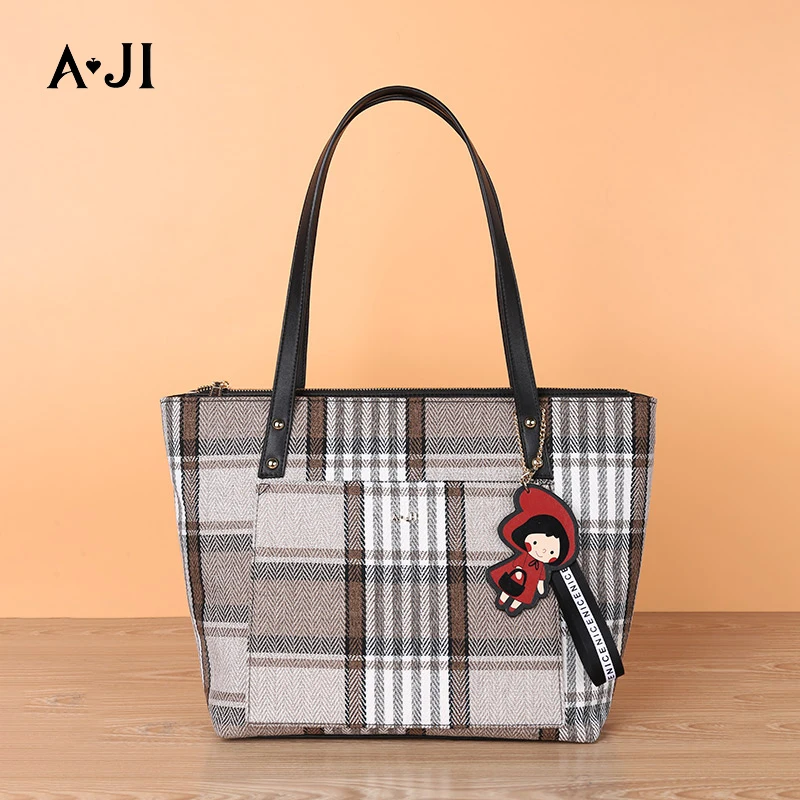 
AJI Large Capacity PU+Canvas Plaid Fashion Design Women Tote Bag European Shoulder Bags For Leisure 