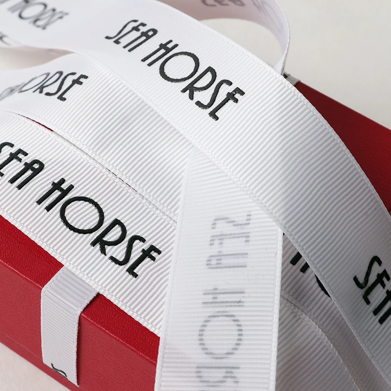 Elegant 2.5 cm 1 inch Pure White Color Ribbon with Black Swatch Silk Single Printing Logo Ribbon