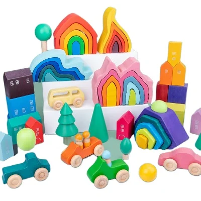 Montesorri new house forest car toys wooden rainbow building blocks peg dolls wooden puzzle shape stacking family games for