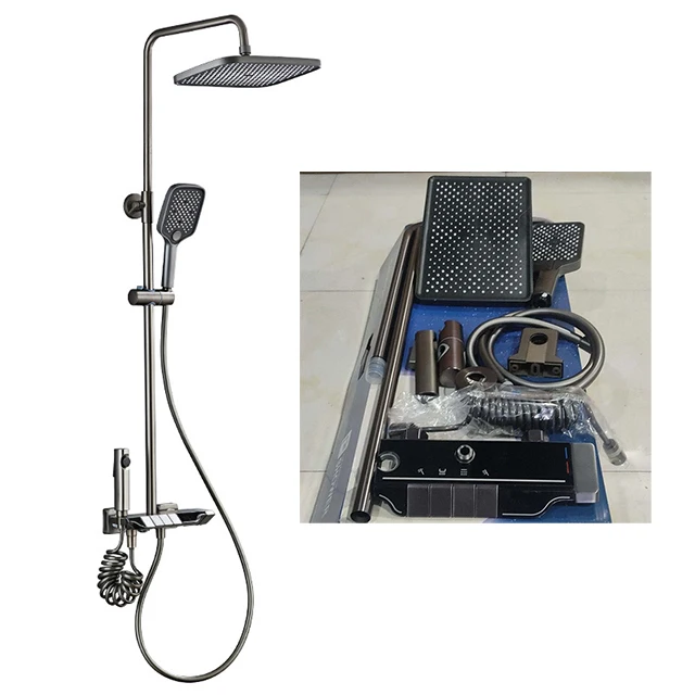 Modern Digital Cold And Hot Water Brass Luxury Rain Mixer System Piano Key Bathroom Smart Shower Set with LED Light
