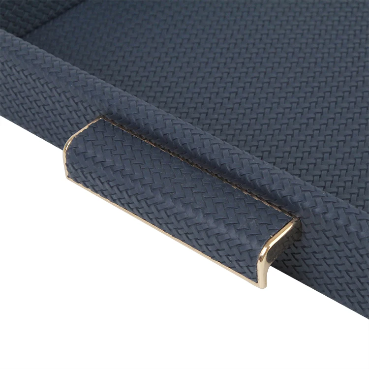 Blue Braided Leather Tray Decorative Storage Tray Home Decor with Silver Metal Handle