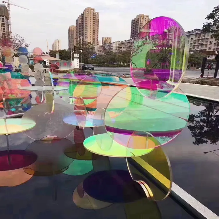 Customize Tempered Iridescent Dichroic Glass Table Tops Furniture Round Square Shape Color Effect Glass Coffee Table Top