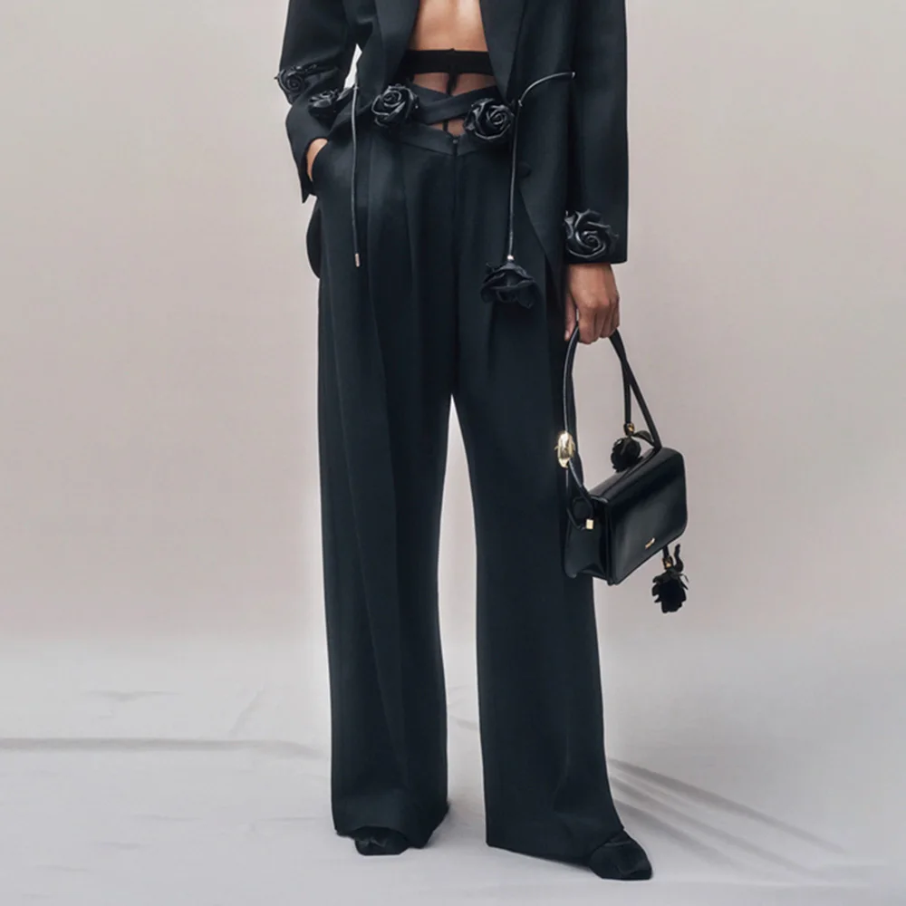 TWOTWINSTYLE Advanced Design Top Quality Elegant Personalized Black 3D Flower Deep V Neck Women Suit Two Piece Sets