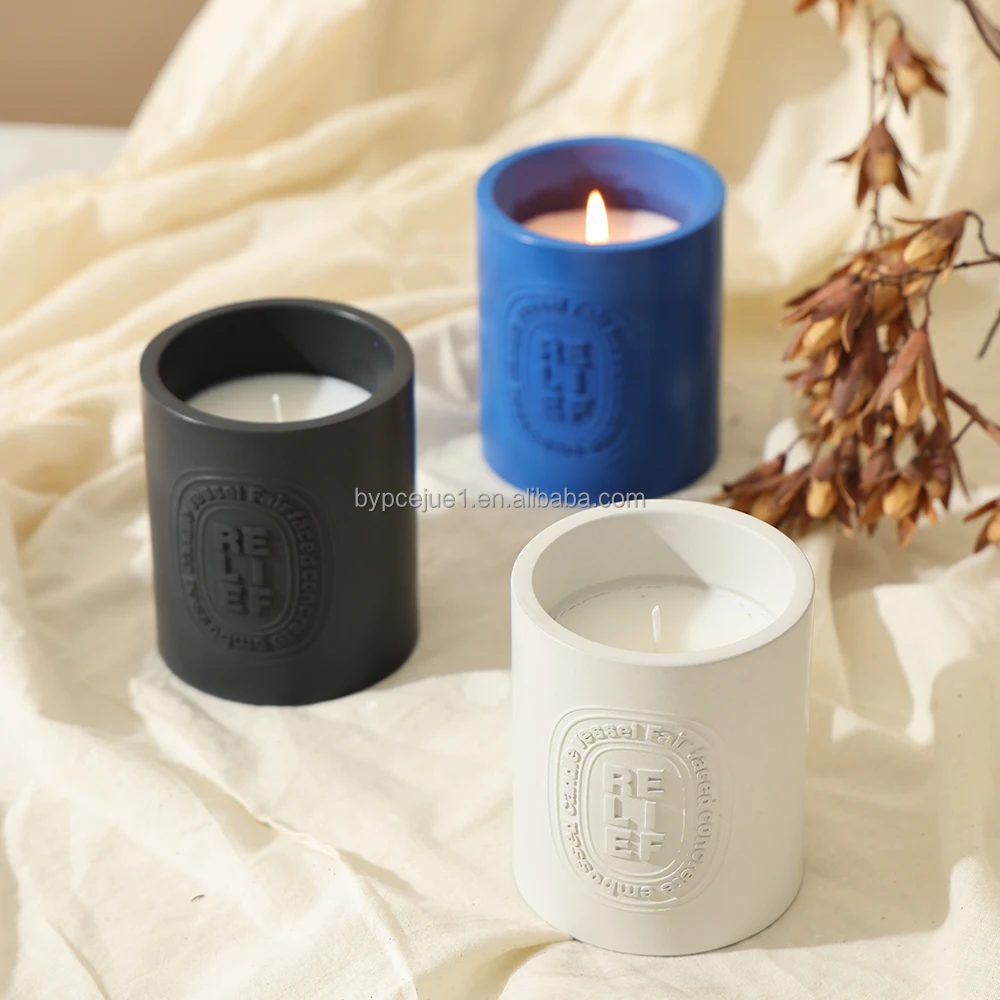 Custom Embossed Dembossed Logo Luxury Essential Oil Soy Wax 10oz Cement Concrete Scented Candles without Lid