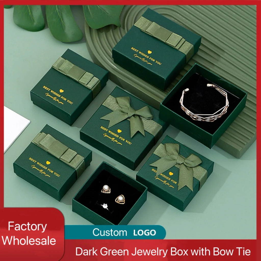 Luxury Dark Green Paper Cardboard Necklace Bracelet Rings Earrings Pendant Gift Paper Packaging Box for Jewelry with Bowknot