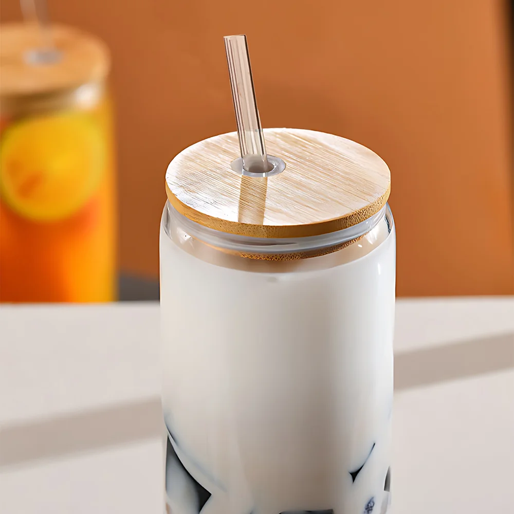 Sublimation 16oz Beer Boba Soda Coffee Can Shaped Drinking Clear Glass Glasses Mug Tumbler with Bamboo Lid Straw Cup