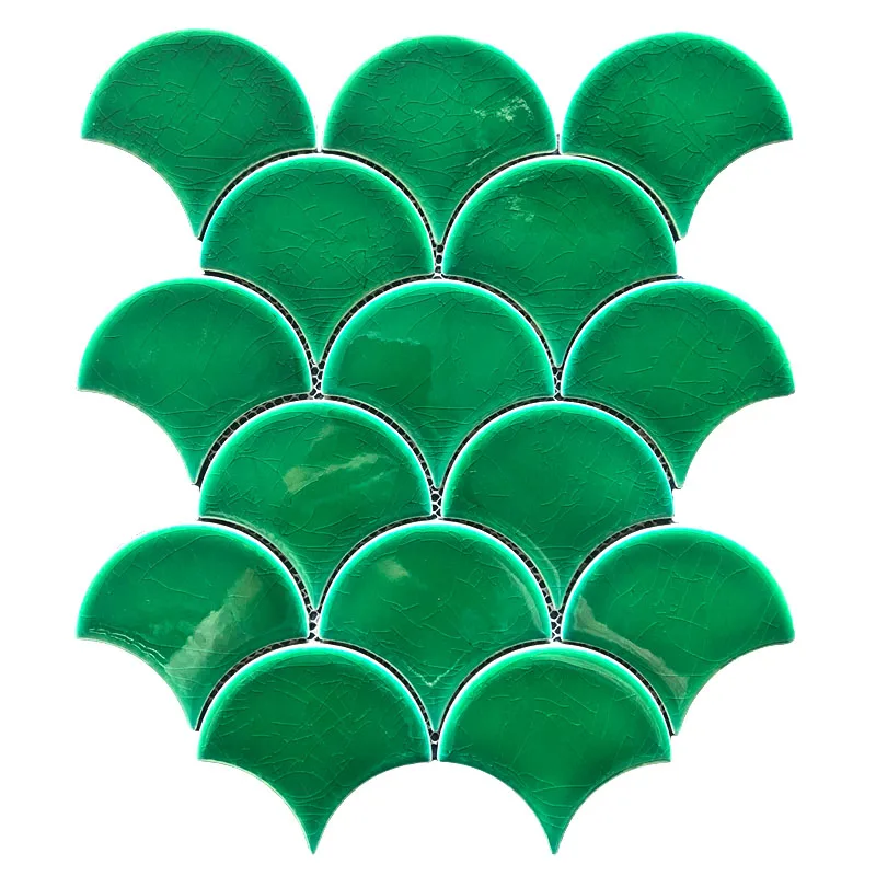 glazed green color fan tile wall decoration fish scale shape for hotel washroom OEM high quality gloss porcelain