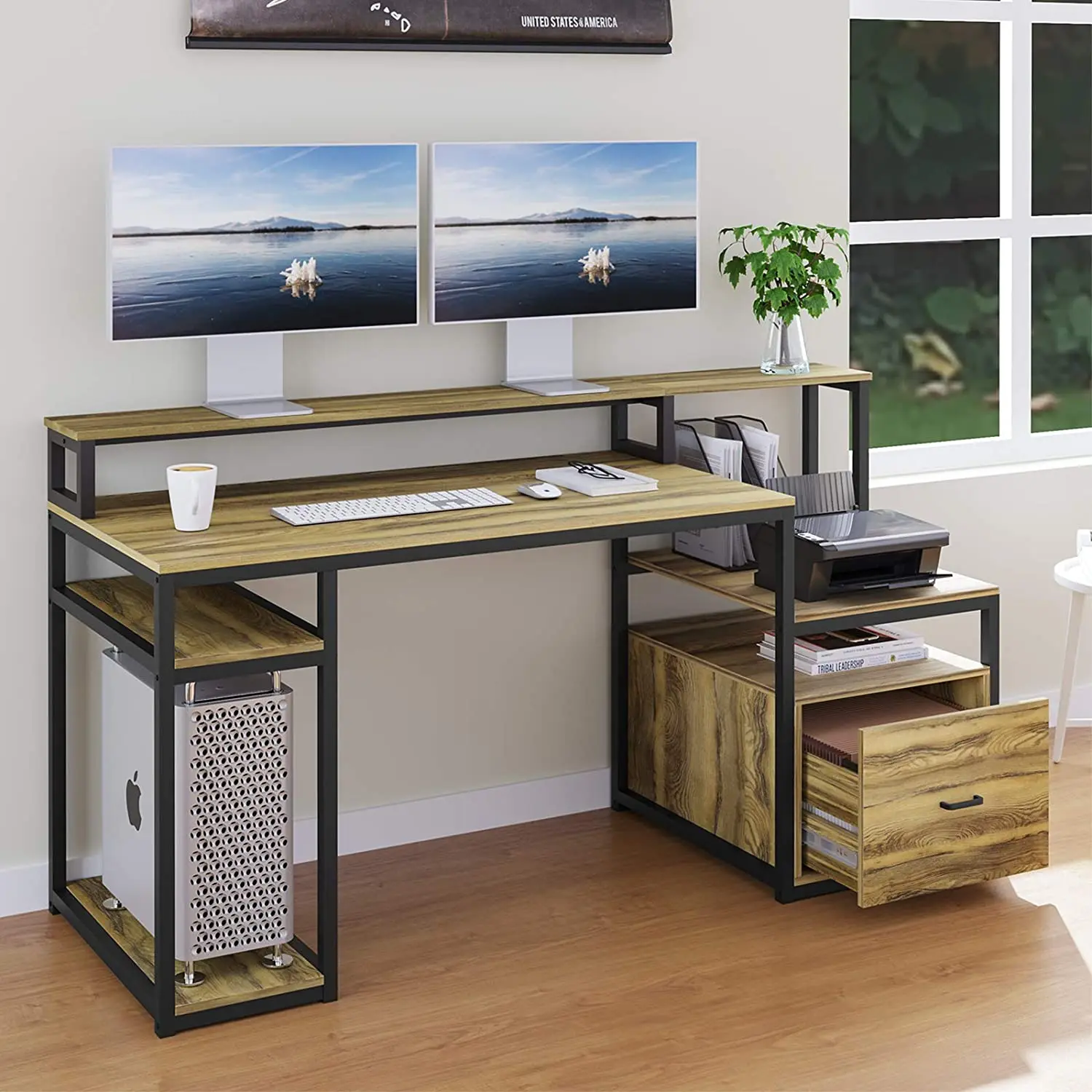 FREE SAMPLE Computer Desk with Drawer and Storage Shelves Large Home Office Desk  with Hutch and Printer Cabinet