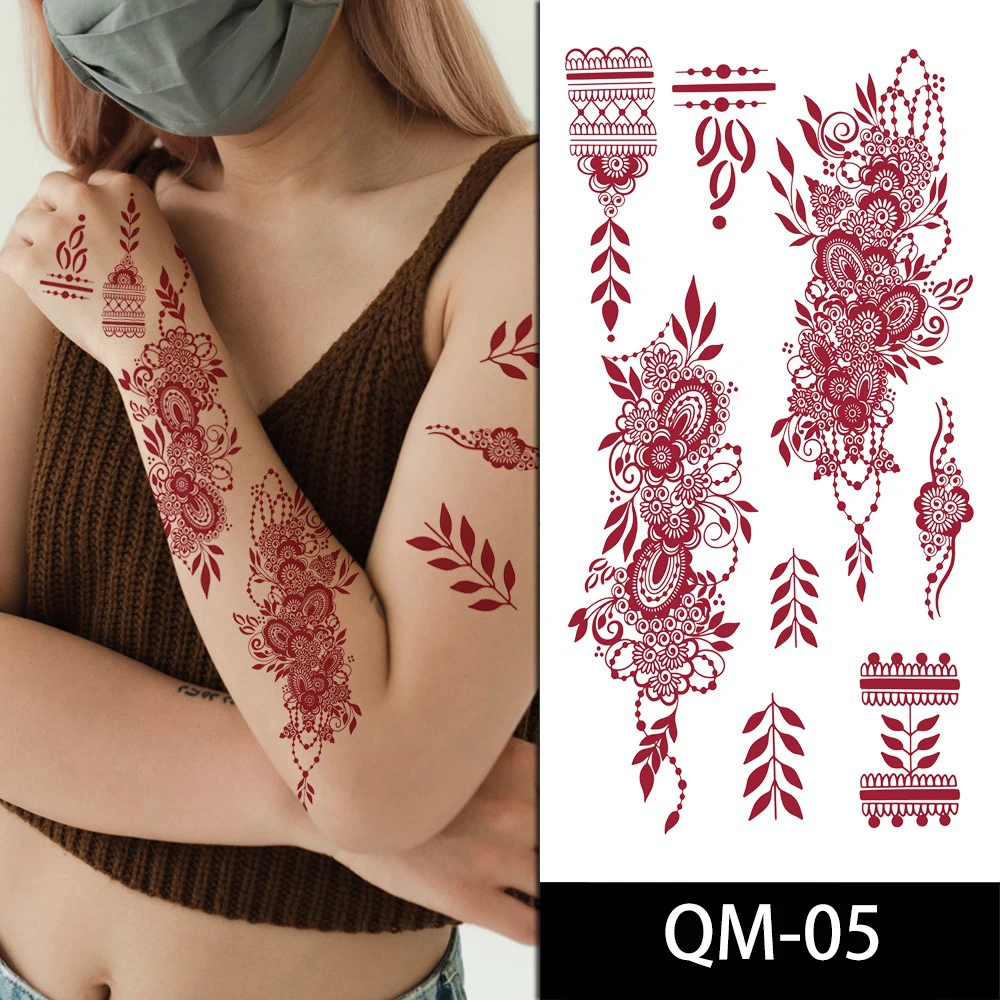 Disposable Waterproof Henna Tattoo Sticker with Vermilion Lace Temporary Body Color for Hand & Party Use Made of Paper