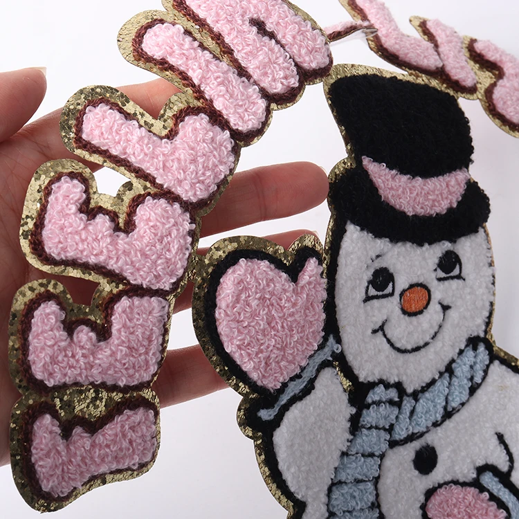 Larger Christmas fall iron on embroidery chenille patches hoodie big glitter pink chille frosty snowman patch for sweatshirt