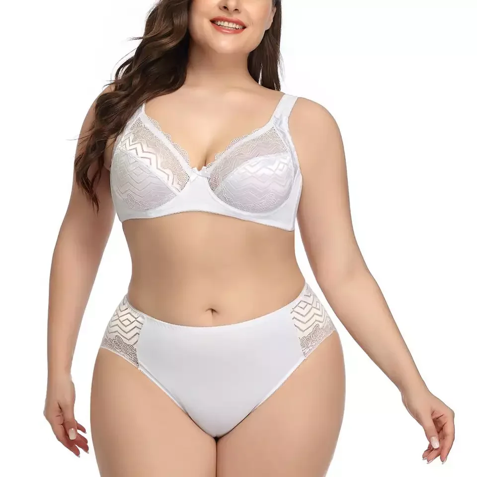 2022 Plus Size Women Bra Panties Set Breathable Transparent Lace Embroidery Back Close Wire Bra Set