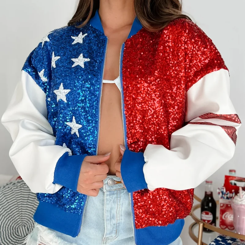 Sequin American Flag Bomber Jacket Faux Leather Sleeves USA Sequin Colorblock Letterman Jacket America Sequin Bomber Jacket