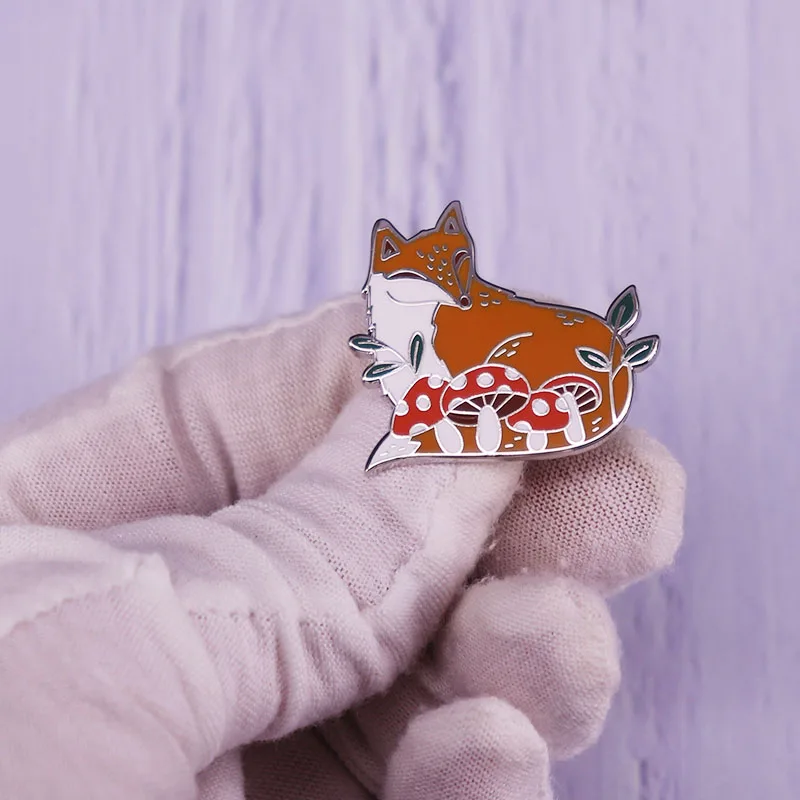 Mushroom Red Fox Enamel Pin Forest Spirit Autumn Animals Badge