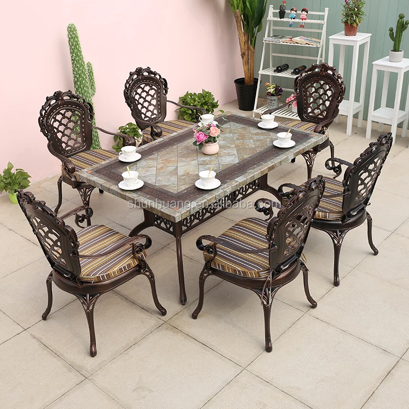 
Luxury cast aluminum garden set cast aluminum furniture livingroom dining set metal frame with marble table 
